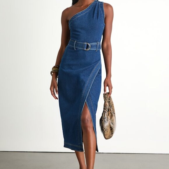 Lulus Dresses & Skirts - Lulus Avelina Medium Wash Denim One-shoulder Belted Midi Dress Blue - Size M